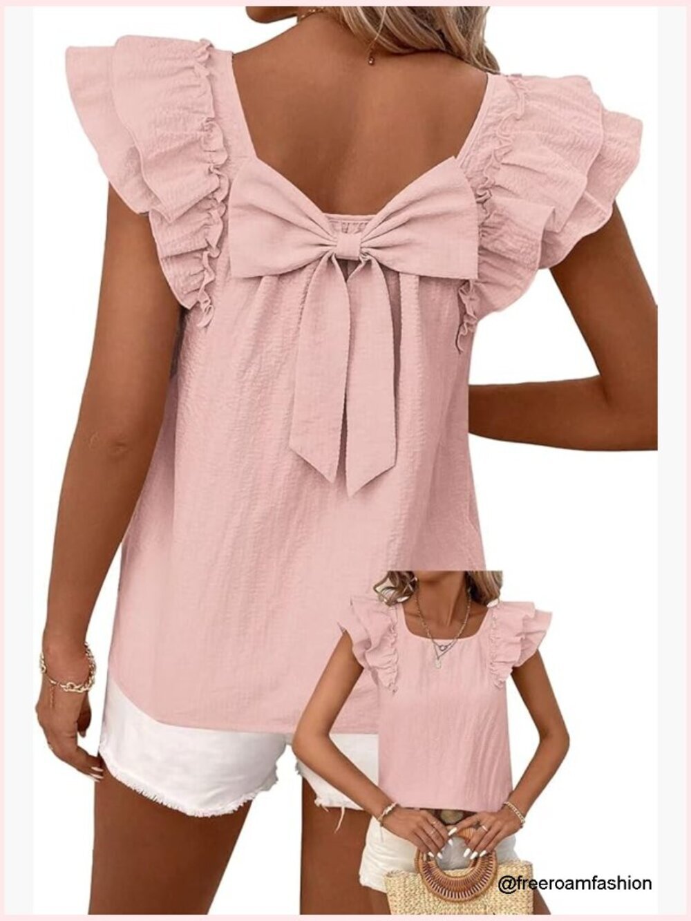 Bow Tie Back Ruffle Short Sleeve Chiffon Blouse Tunic Top Trendy